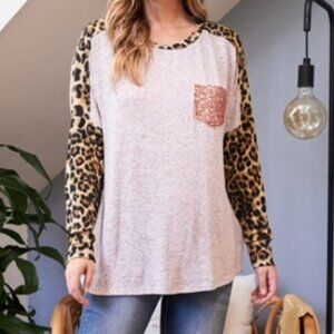 LEOPARD SLEEVE AND NECK BAND SEQUINS POCKET TOP